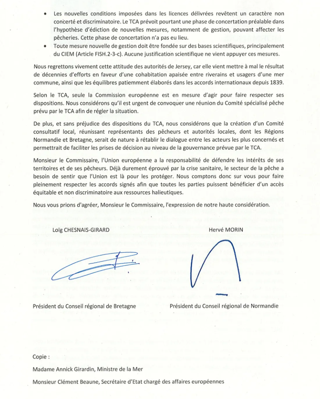 Lettre des présidents de Bretagne et Normandie